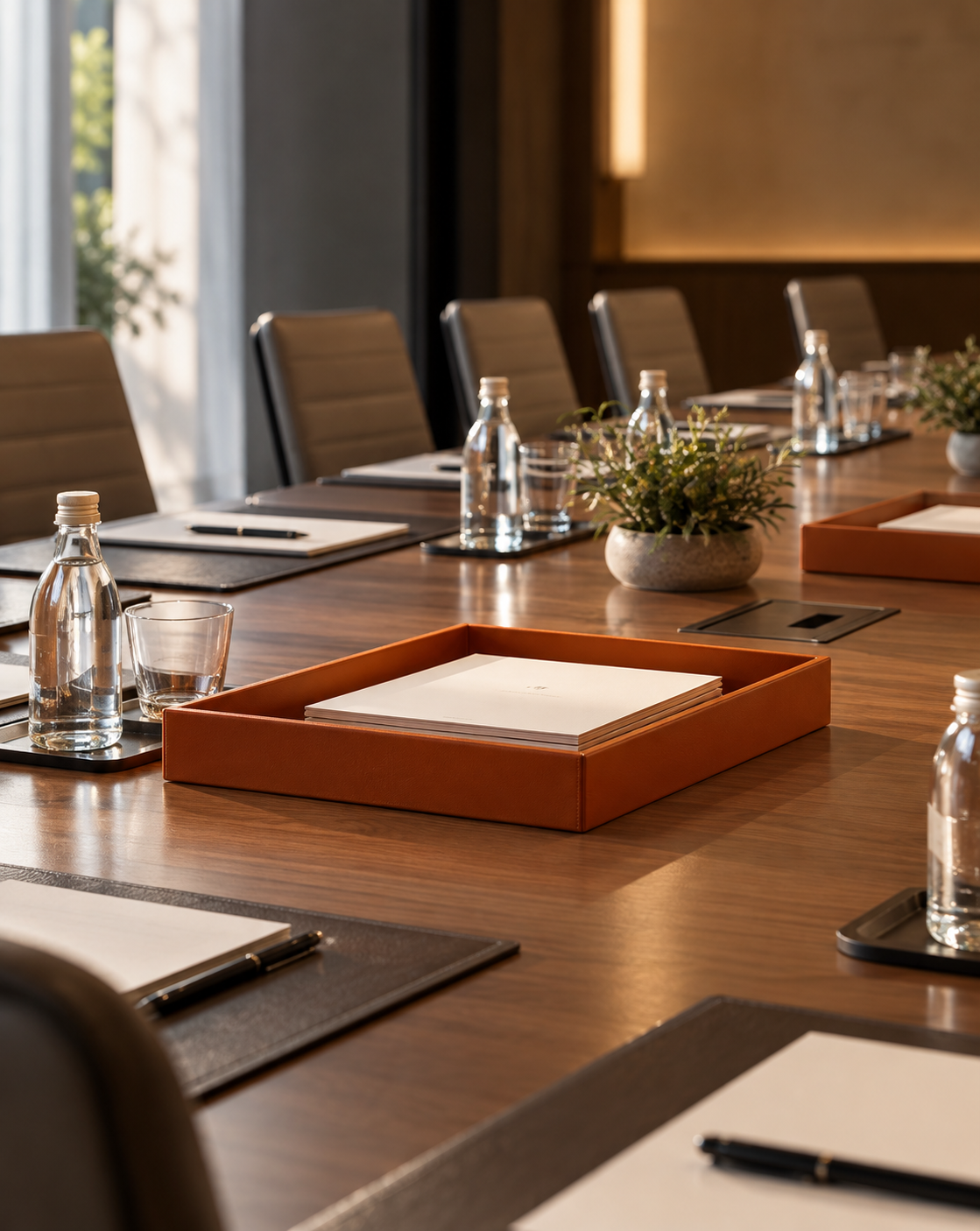 Leather desk accessories in a conference room