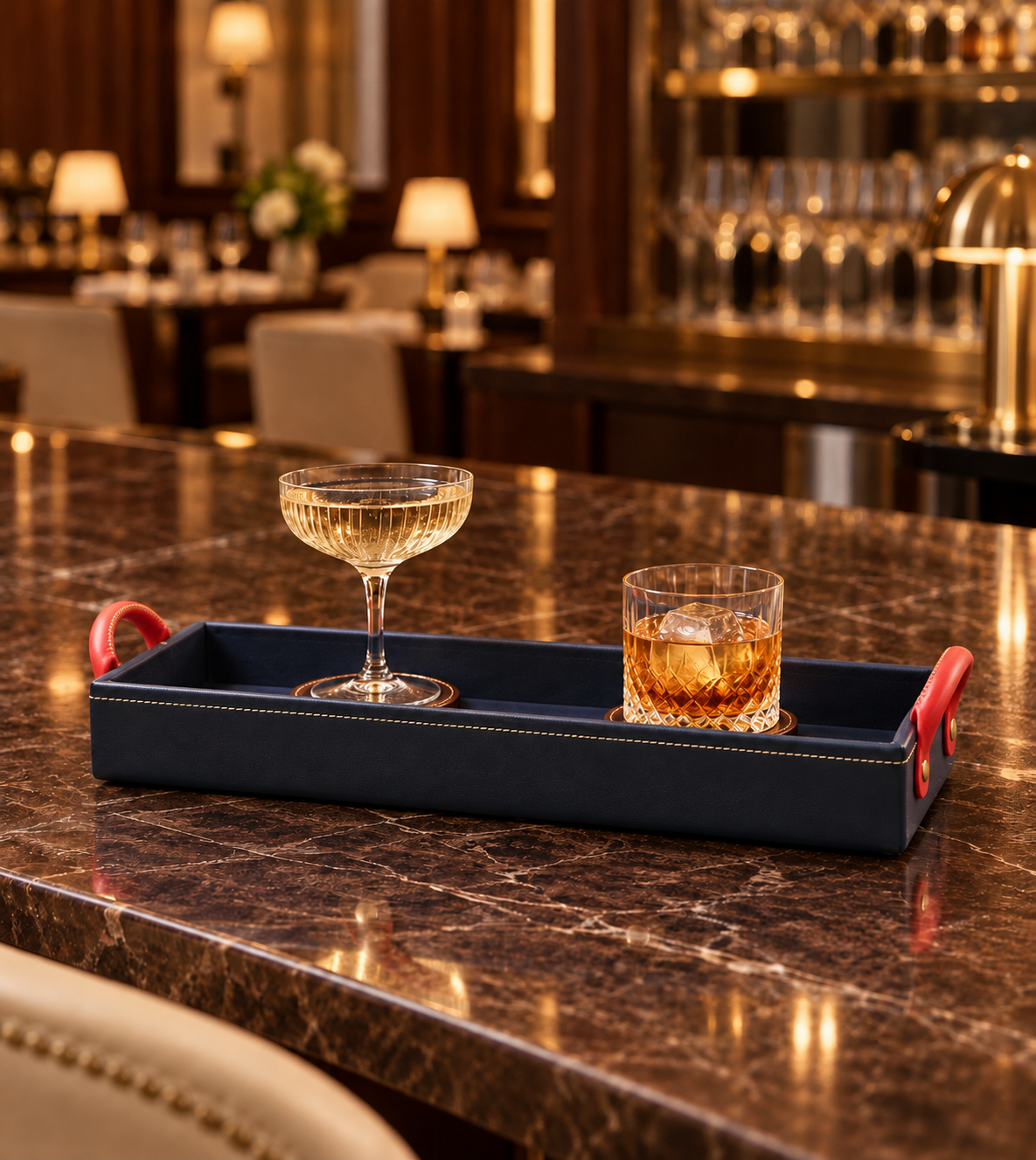 Leather tray and coasters at a fine-dining bar