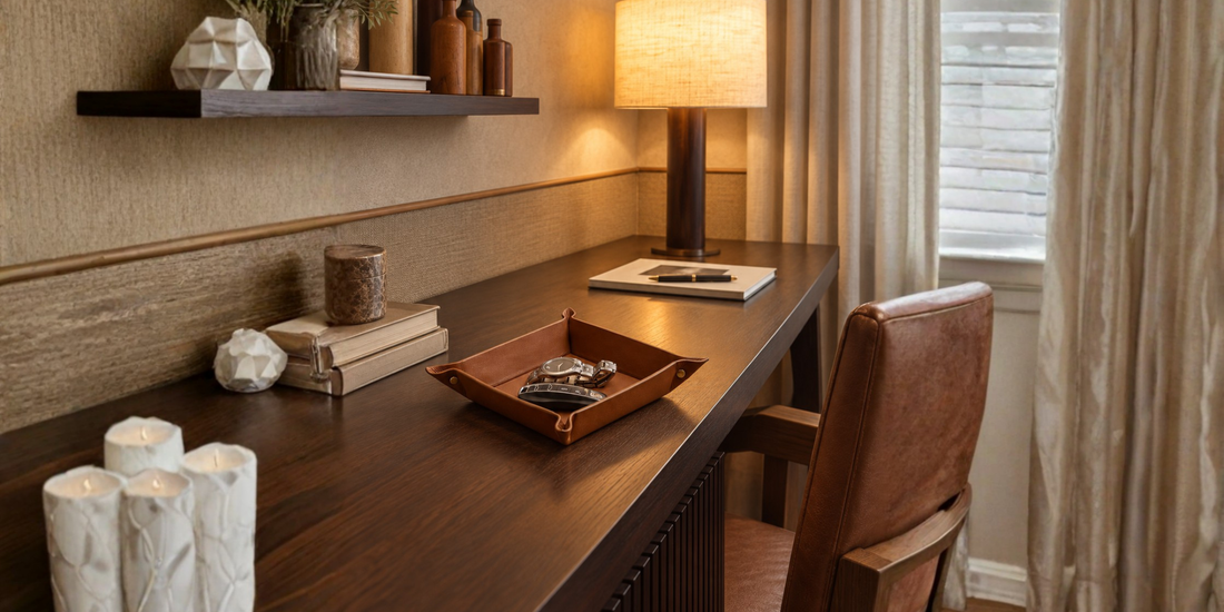 Square snap corner leather tray holding a watch and earbuds on a wooden table