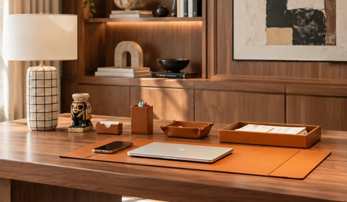Neyuh Home &amp; Travel leather desk set with desk mat, pen holder and trays on a walnut desk