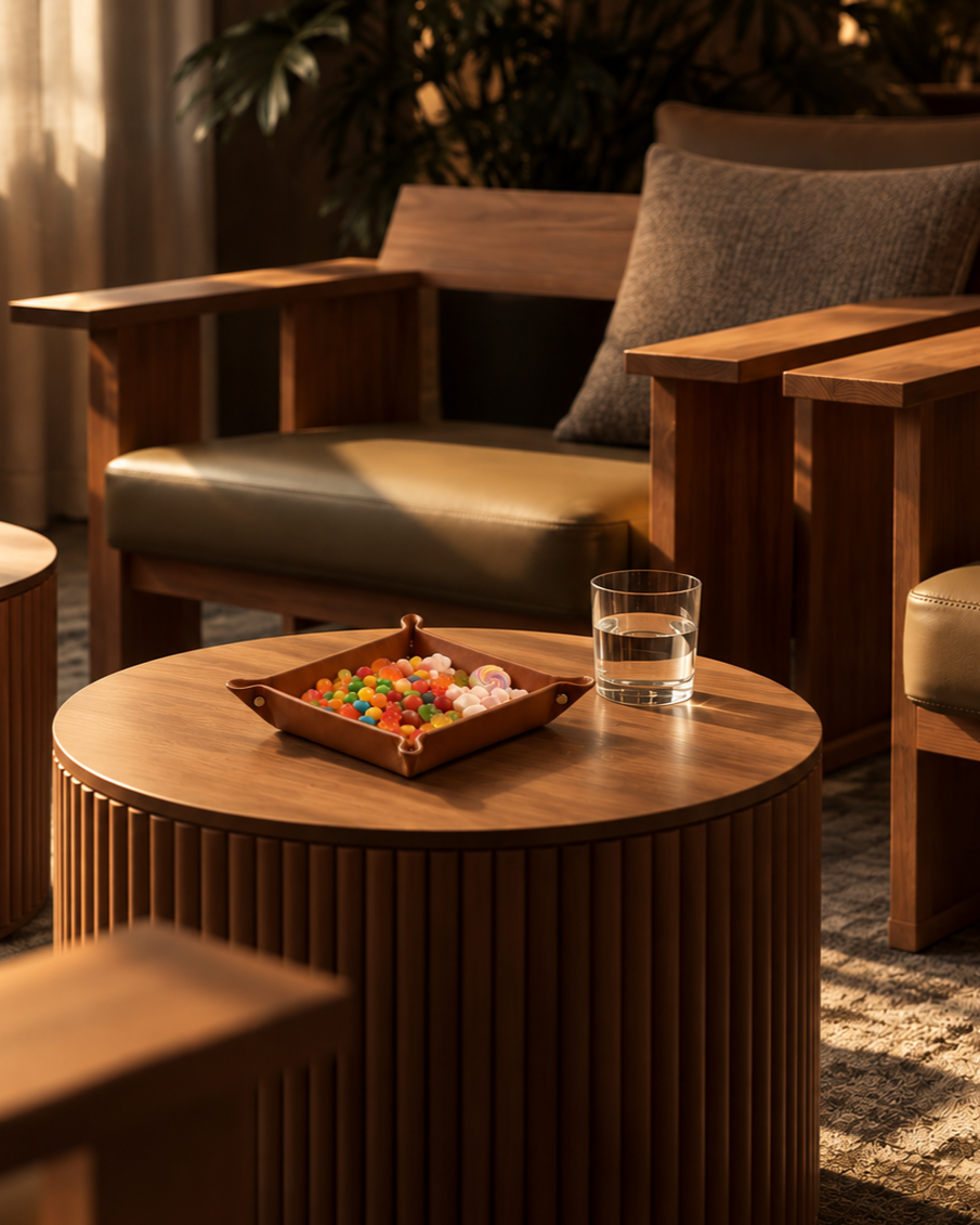 Leather pieces in a social lounge
