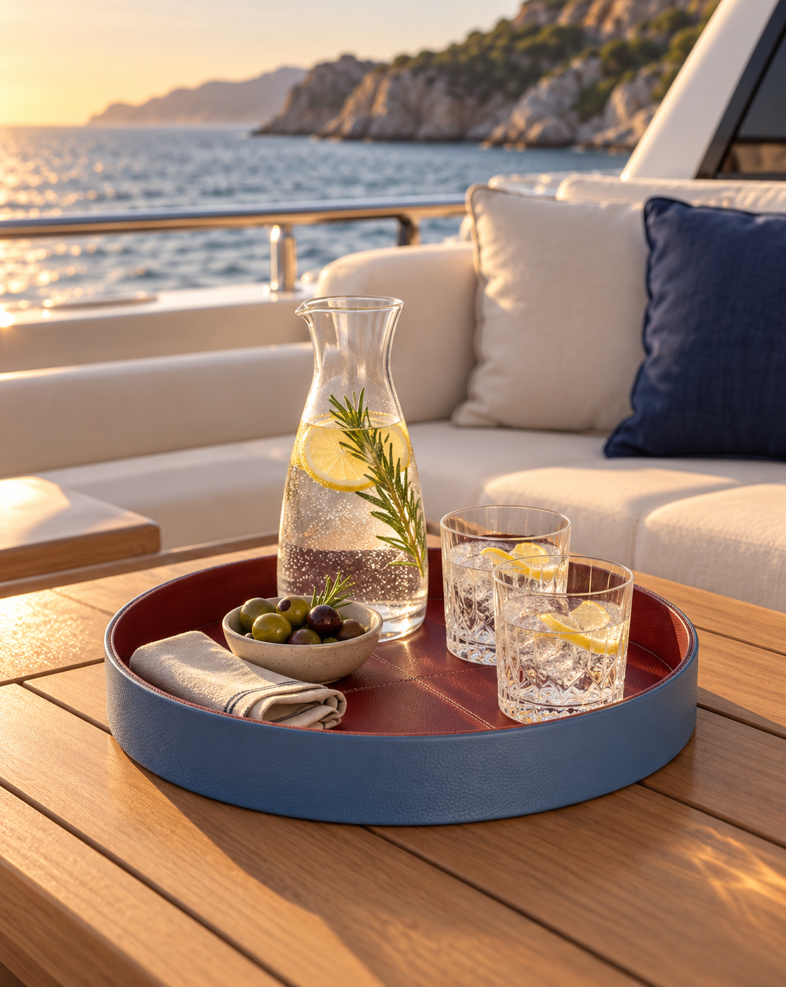 Leather tray on a yacht at sunset
