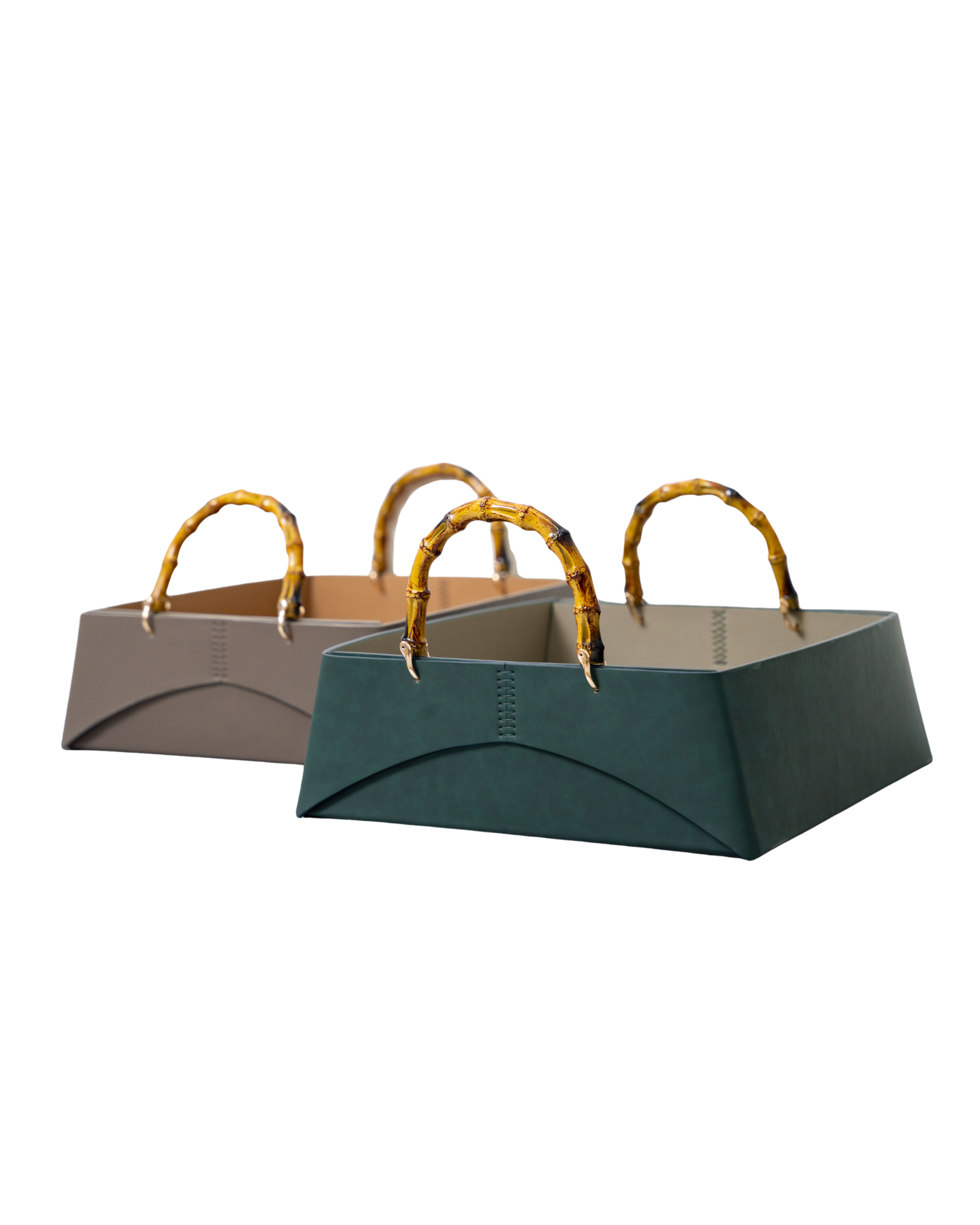 HANDCRAFTED LEATHER TRAY WITH NATURAL BAMBOO HANDLES