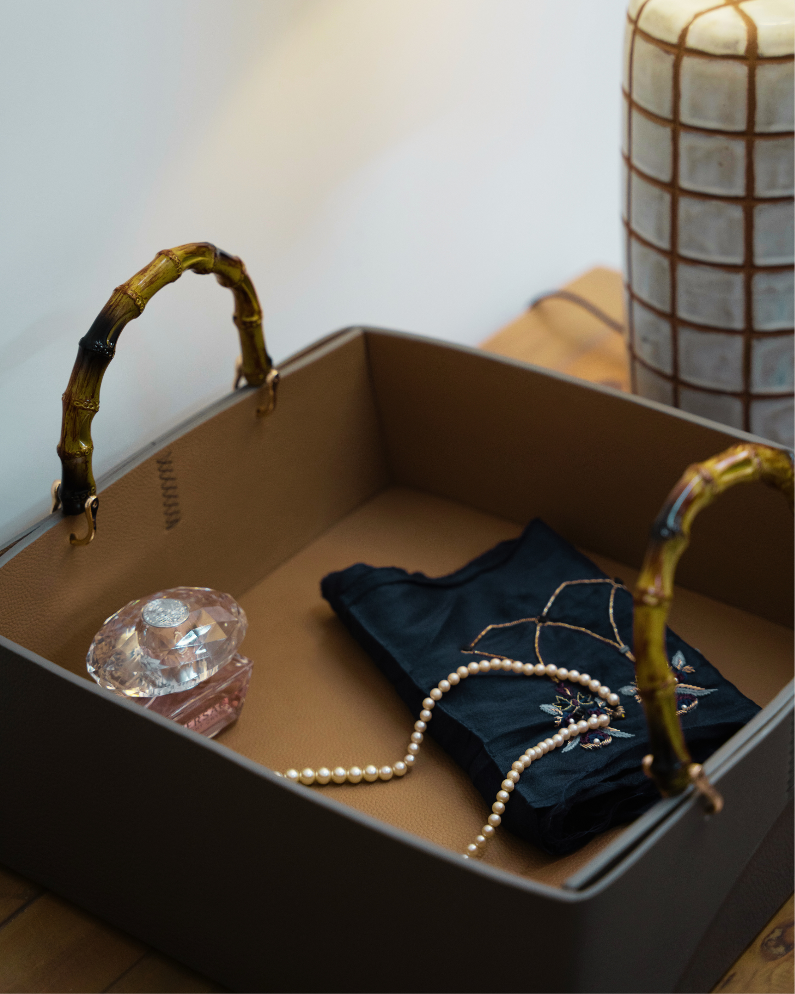 HANDCRAFTED LEATHER TRAY WITH NATURAL BAMBOO HANDLES