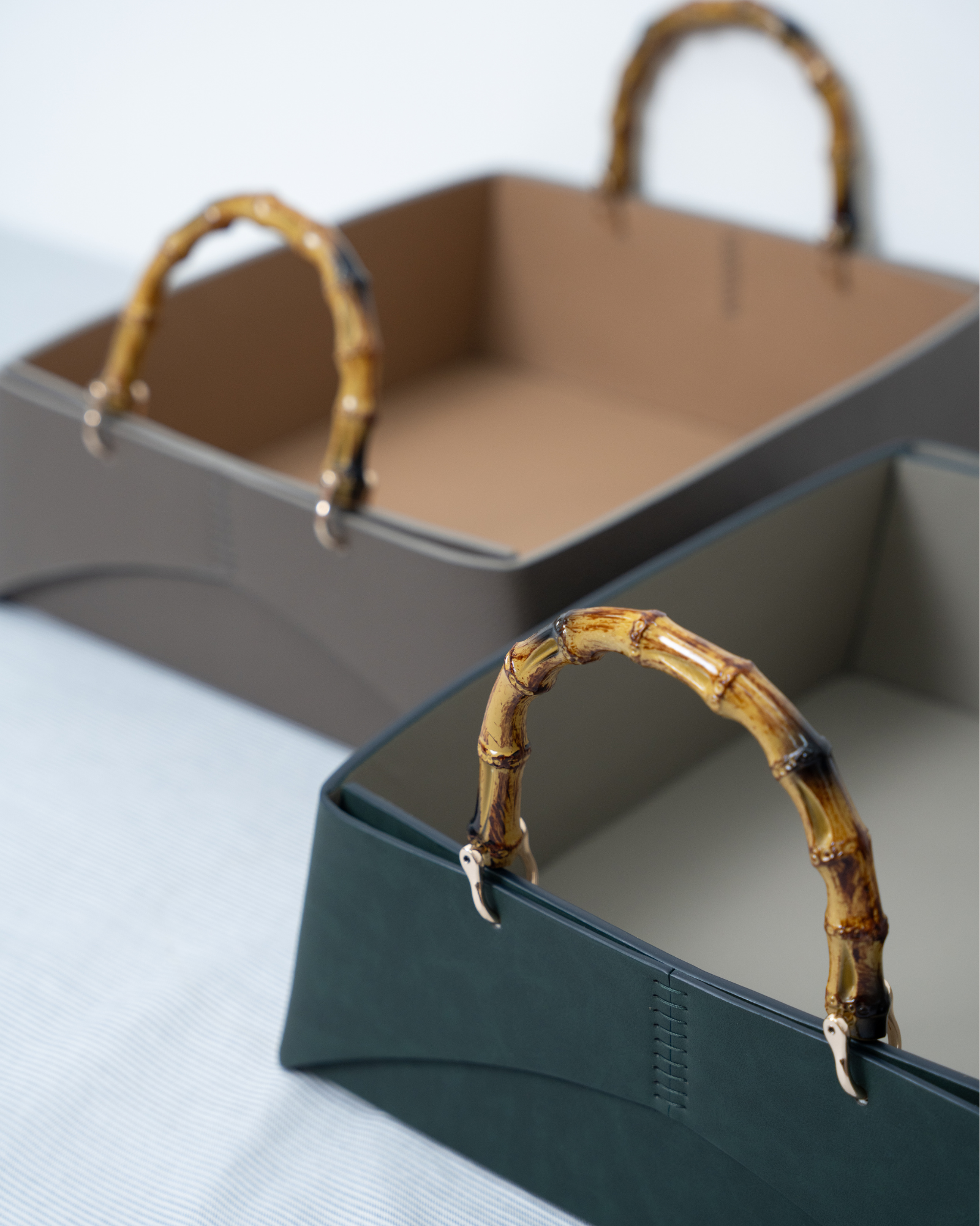 HANDCRAFTED LEATHER TRAY WITH NATURAL BAMBOO HANDLES