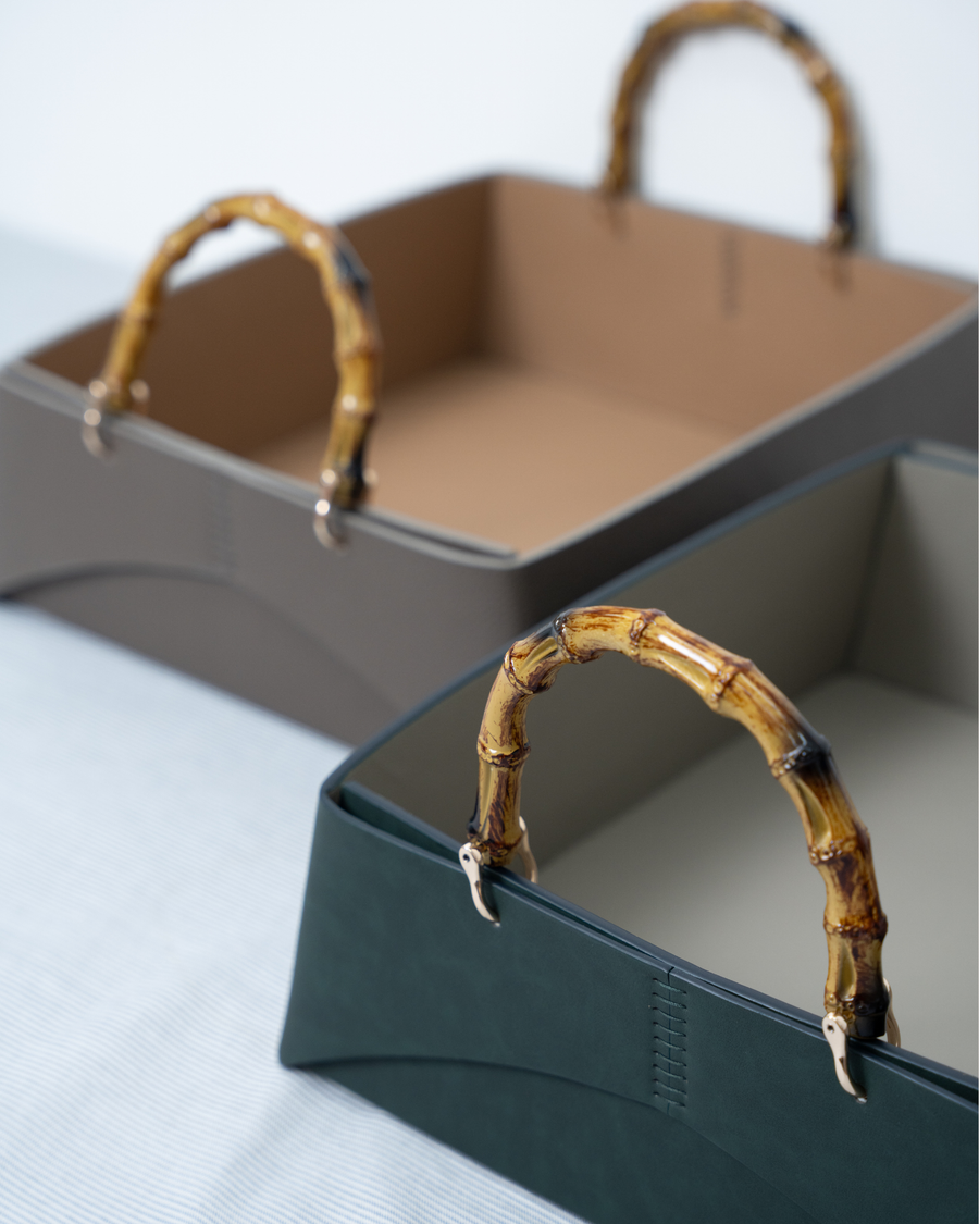 HANDCRAFTED LEATHER TRAY WITH NATURAL BAMBOO HANDLES