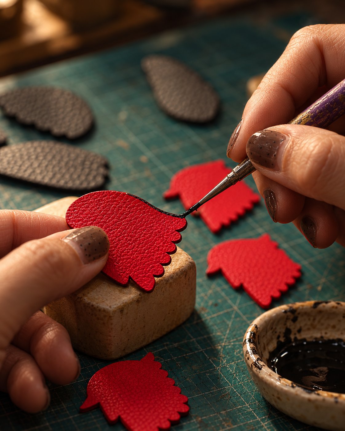 Artisan hand-painting the edge of a leather piece